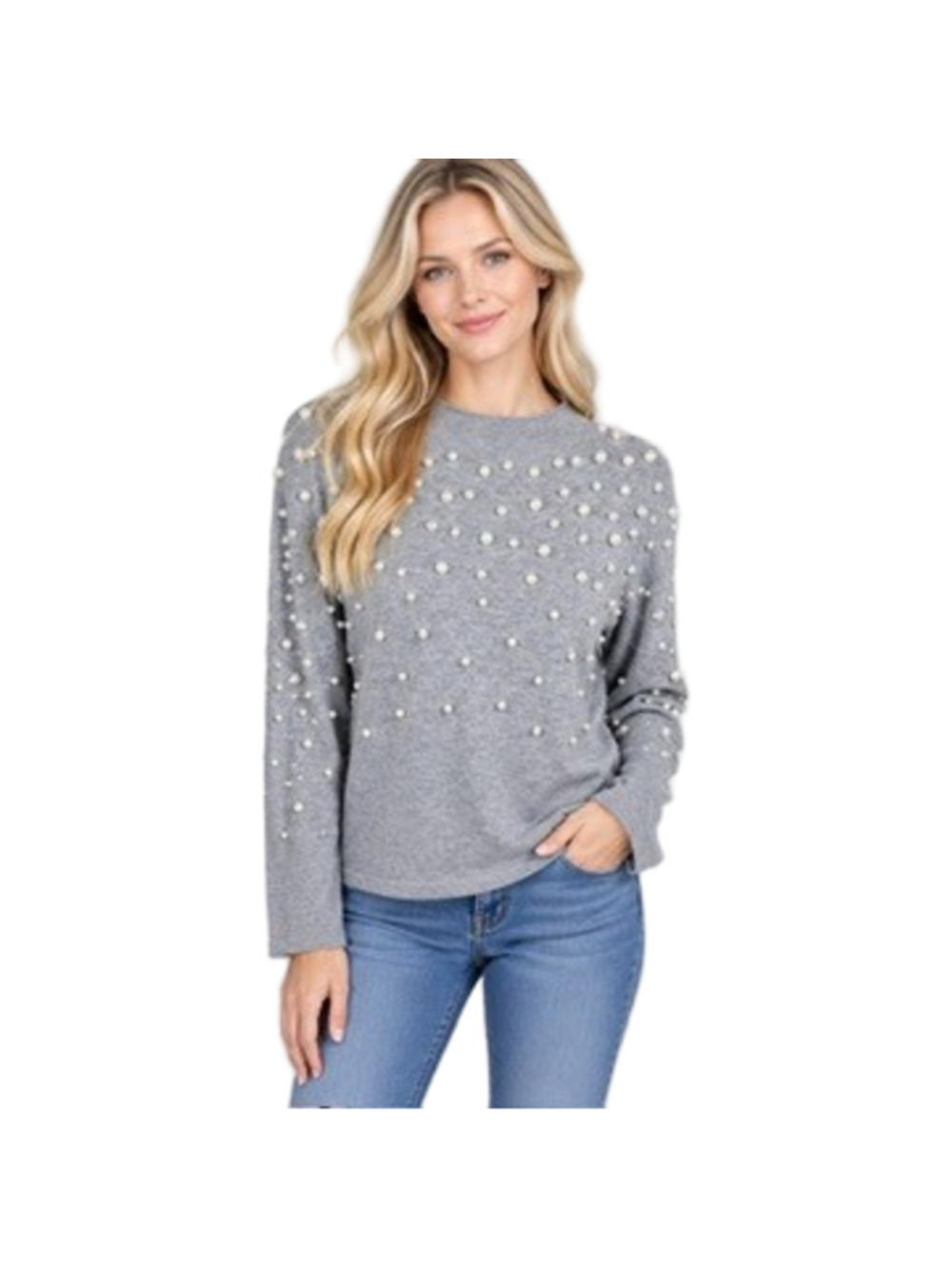 Gianni Bini Grey Pearl Embellished Mock Neck Knit Pullover Sweater Size M